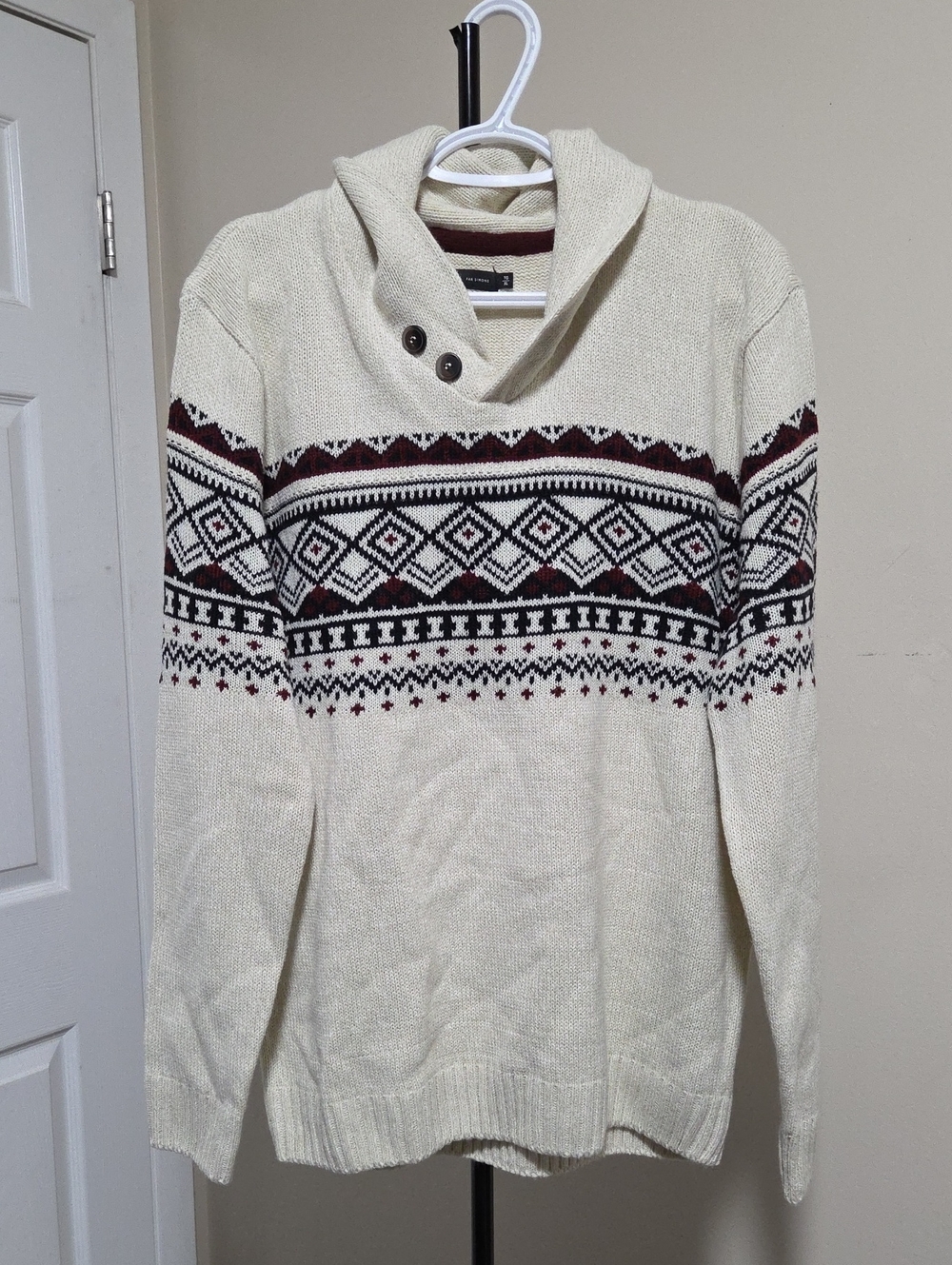 Simons Cream Fair Isle Shawl-Collar Sweater with Maroon and Black Pattern